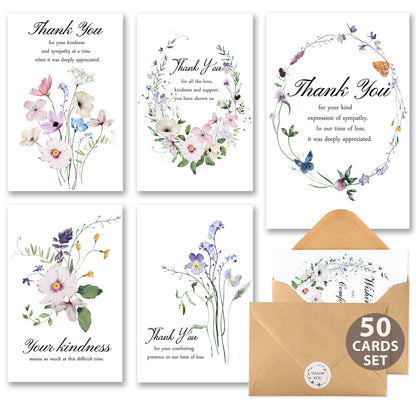 C2U Funeral Thank You Cards with Envelopes 4"x6",Stickers & Message Inside - Wildflower Bereavement Sympathy Thank You Cards for Funeral Family Friends Loved Ones (50 Wildflower Cards)