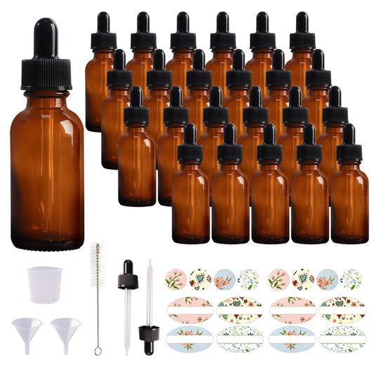 Comrzor 24 Pack 1oz Amber Glass Bottles with Glass Eye Droppers for Essential Oils, Perfumes (Brush, Funnels, 2 Extra Droppers, 36 Pieces Labels & 30ml Measuring Cup Included)
