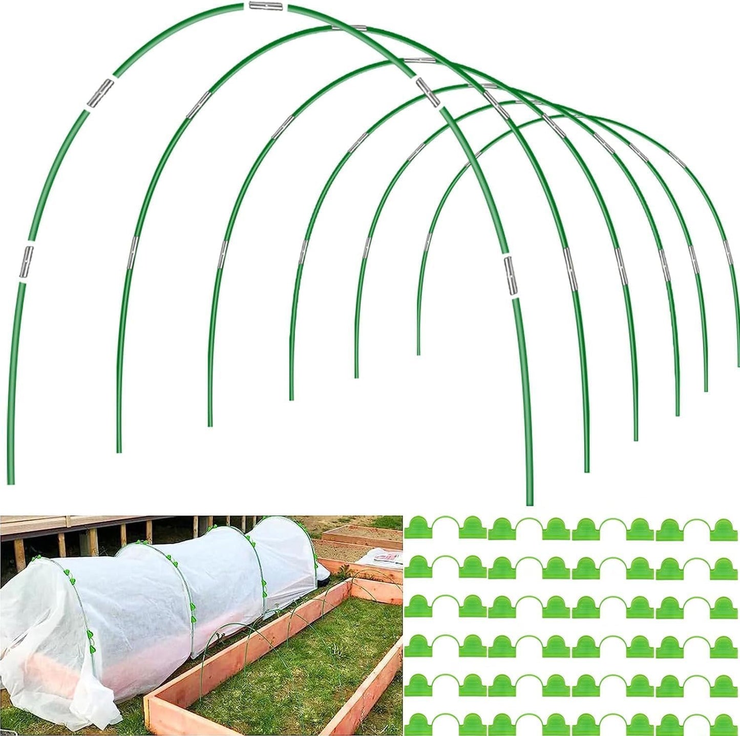 Greenhouse Hoops for Raised Beds, 36pcs 8ft Garden Hoops Tunnel for Row Cover Netting, Bendable Plant Cover Gardening Support Frame Kit, Fiberglass Garden Rods Supplies for Raised Beds, 24pcs Clips
