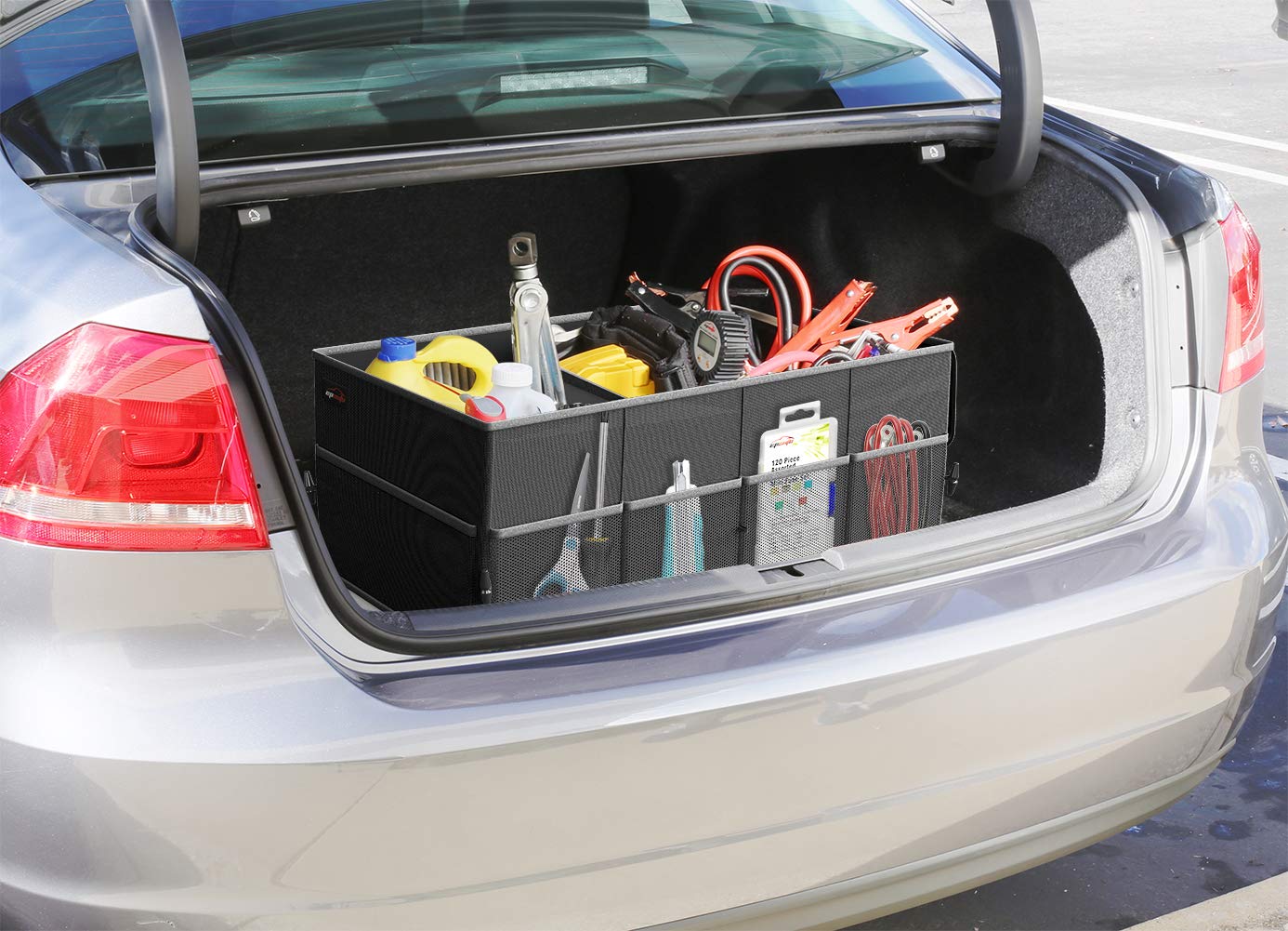 EPAuto Car Trunk Organizer 56L Foldable 3 Compartment with Securing Straps, Buckles and 10 Pockets, Black