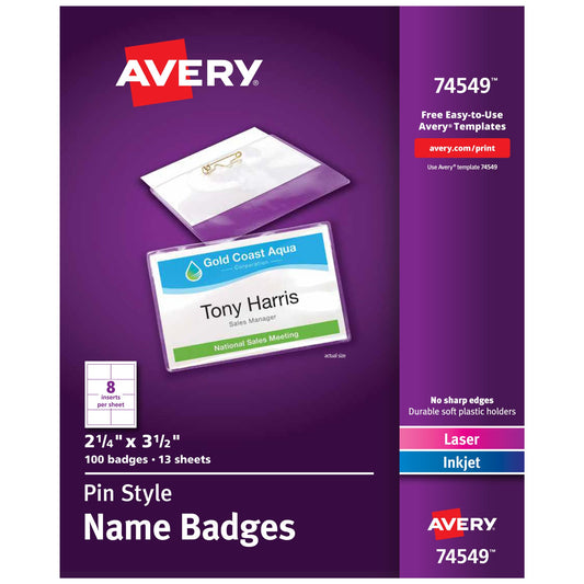 Pin Style Name Badges, Flexible Holder, 2-1/4" x 3-1/2"