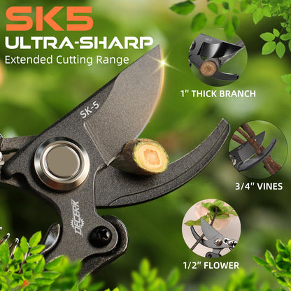 DECERK® 8.5" Professional Pruning Shears - Cuts 4X Easier with Ultra Sharp Japanese Steel Titanium Blade, Arthritis Friendly Garden Secateurs & Plant Clippers, Effortlessly Prunes 3/4" Branches