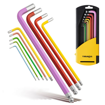 9PC Metric Ball-End Hex Key Set (1.5-10mm), Color-Coded Anti-Slip Wrenches for Machinery & Vehicle Repair