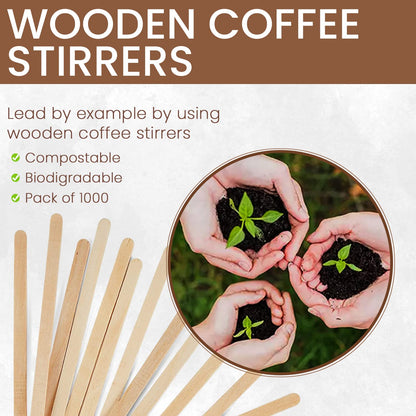 Eco Pack 1000Pcs Compostable Birch Wood Coffee Stir Sticks 7” Large Eco-Friendly Hot Drink Disposable Biodegradable Round End Coffee Bar Stirrers Recyclable Eco-Friendly Beverage Tea Sticks