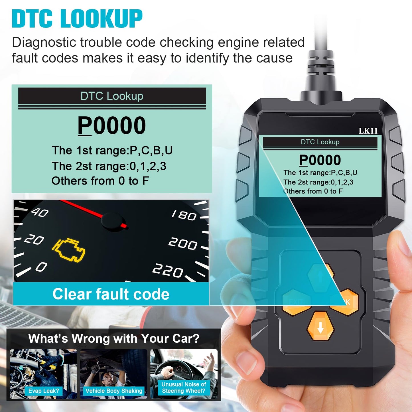 OBD2 Scanner Ease Setup Plug-Play: Clear Reset Engine Error Code Professional Code Reader Diagnostic Scan Tools with Freeze Frame/I/M Readiness for All Cars Since 1996 & Newer -LK11