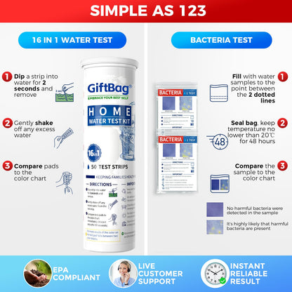 17 in 1 Complete Drinking Water Testing Kit - 50 Strips + 2 Bacteria Tests - Tap and Well Water Test Kit, Easy to Test and Read for Hardness, Lead, Iron, Fluoride, pH, Copper, Bacteria and More