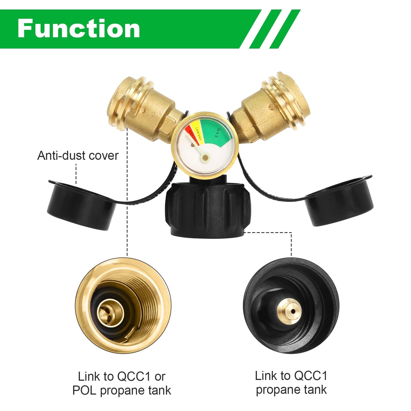 Propane Tank Y Splitter Adapter with Gauge, Propane Tank Gauge Connector with Shut-Off Valve - LP Gas Adapter Tee Connector for Heaters, Camping Stoves, BBQ Grills, Gas Burners
