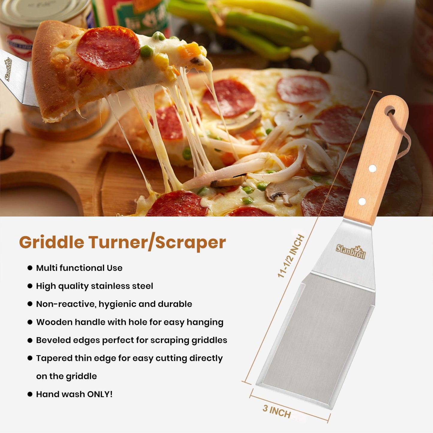 Stanbroil Griddle Accessories Spatula Tools, Set of 4 Stainless Steel Griddle Tools with Wooden Handle, Perfect for Outdoor BBQ Flat Top Cooking Camping Grilling