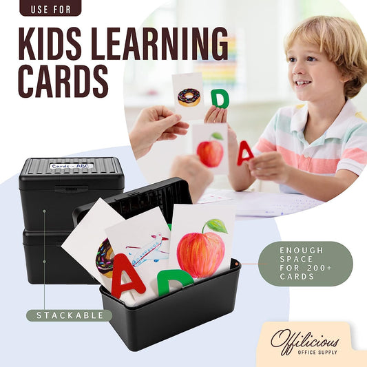 OFFILICIOUS Index Card Holder 3x5" Set – Heavy-Duty Index Card Organizer Box with Dividers – 100 Ruled Index Cards 3x5, 25 Manila Dividers, 25 Plastic Dividers, 72 Easy-Read Stickers & 5 Box Labels