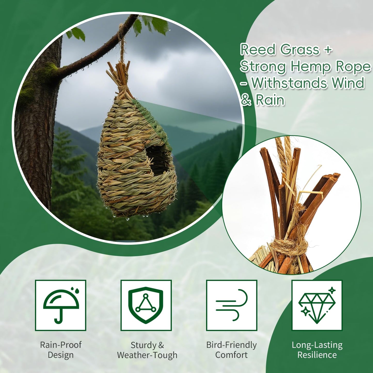 Gute Hummingbird Houses for Outside Hanging, Natural Grass Hanging Bird Hut, Hand Woven Hummingbird Nest, Large Wren Finch Bird House for Garden Window Outdoor Home Decoration, 3 Pack