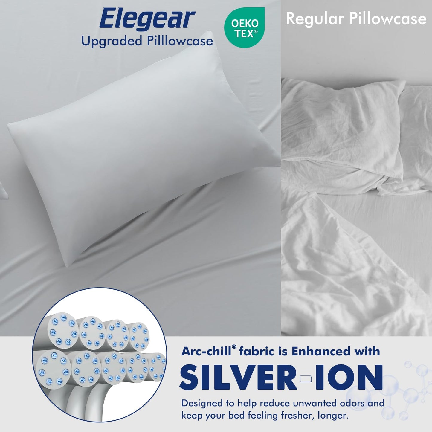 Elegear 2-Pack Cooling Pillow Cases for Hot Sleeper, Clean Silver Infused Arc-Chill 3.0, Q-Max>0.5 Soft Silky Cooling Pillow Cover for Hair & Skin, Summer Zipper Pillowcases, Standard (20''x30''),Gray
