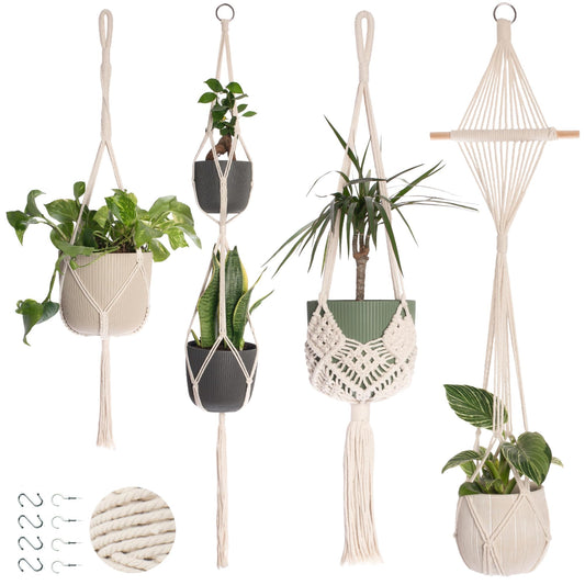 Nook Theory 4 Pack Macrame Plant Hanger - Hanging Planters for Indoor Plants, Boho Plant Holder with 8 Ceiling Hooks (Cream)