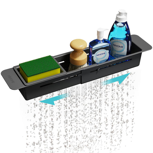 NiHome Extendable Over Sink Kitchen Organizer, Small Telescopic Brush Storage Rack for Sponge, Non-Slip Pads Expandable Sink Caddy, Adjustable Sponge/Brush Rack with Drainage Durable ABS (Black)