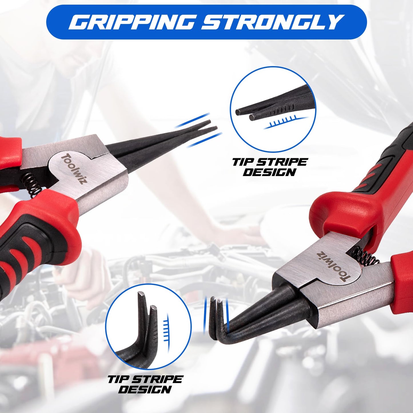 Toolwiz 4 Pcs Snap Ring Pliers Set, 7-inch Internal/External Circlip Pliers, Tip Diameter 5/64'' C Clip Pliers, Straight/Bent Jaw Snap Ring Tool for Ring Removal and Installation, with Storage Pouch