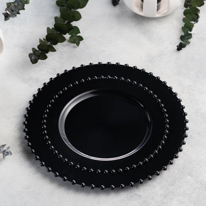 PLASTICPRO 32 Piece Combo Plastic Dinner Plates Disposable Plastic Fancy Heavy Duty Party Dishes 7 inch and 10 inch, Black Beaded