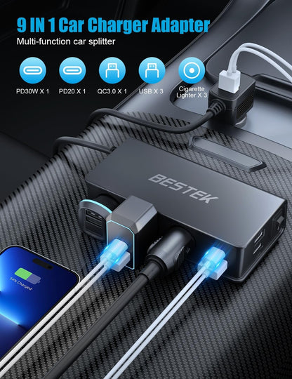 BESTEK 9 in 1 Cigarette Lighter Splitter 148W 3-Socket Car Cigarette Lighter PD30W and 4 USB-A QC3.0 18W with LED Display 12V/24V Cigarette Lighter Adapter for Dash Cam, GPS, iPad/Laptop/Phone