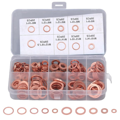 200Pcs Oil Drain Plug Gaskets, 9 Sizes Red Copper Crush Washer Gasket Drain Plug Washer, Automotive Flat Sealing Gasket Rings Spacer Seal Assortment Set, M5 M6 M8 M10 M12 M14