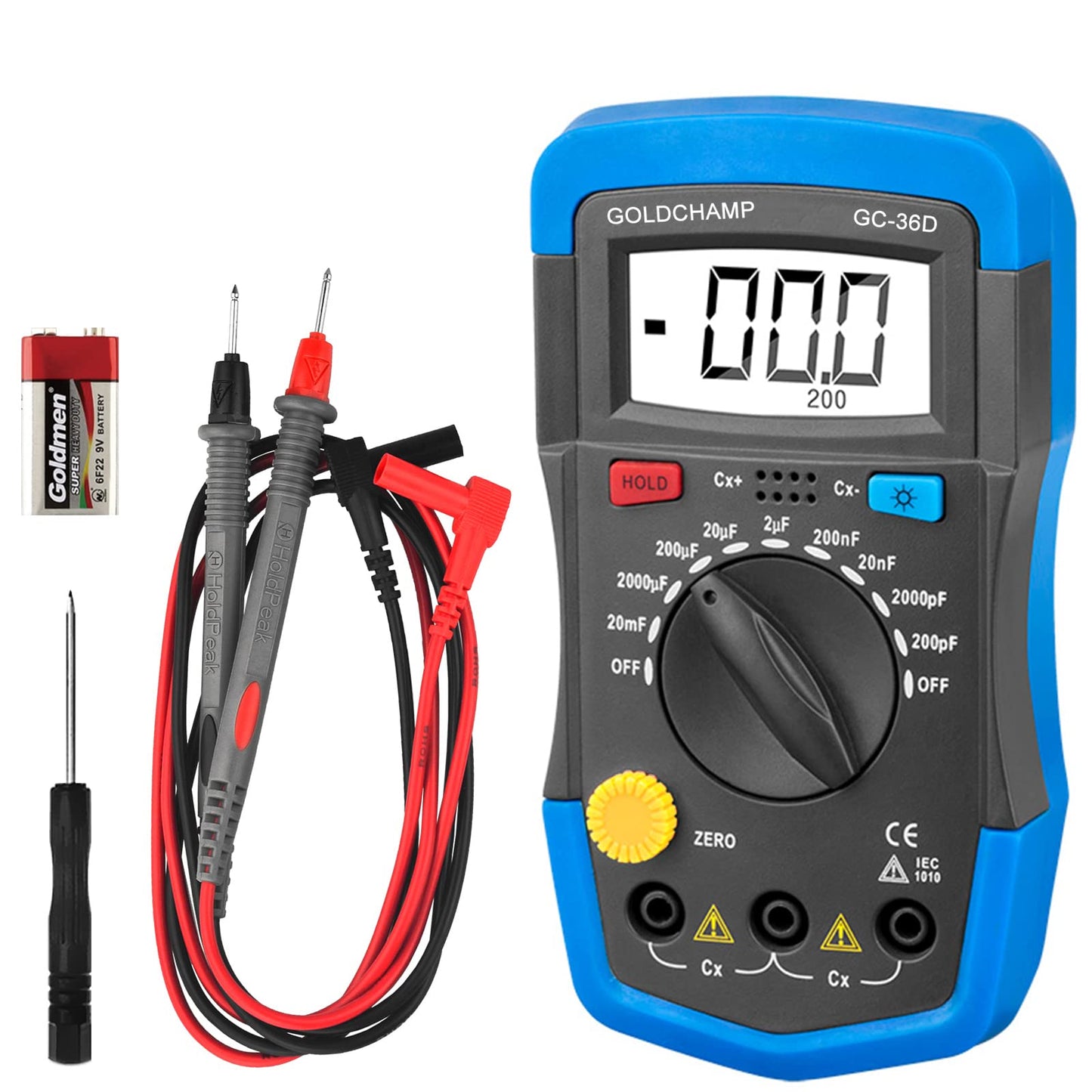 GOLDCHAMP Capacitance Meter Digital Multimeter 200pF-20mF Meter Capacitor Handheld Multimeter Tester with Multi Testers Manual Range Measure Tool, Back Light, Data Hold
