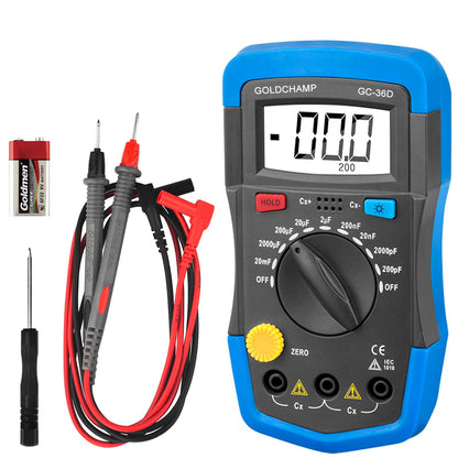 GOLDCHAMP Capacitance Meter Digital Multimeter 200pF-20mF Meter Capacitor Handheld Multimeter Tester with Multi Testers Manual Range Measure Tool, Back Light, Data Hold