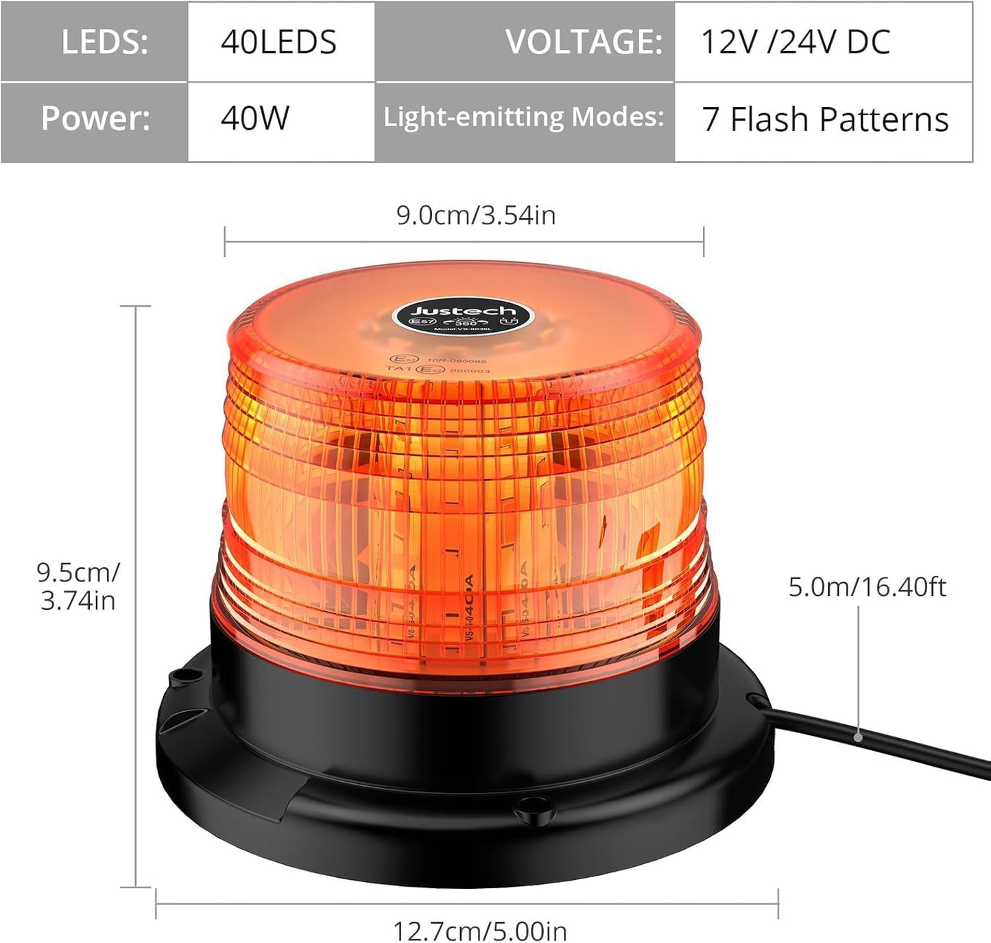 Justech 40LED Flashing Beacon LED Strobe Light Emergency Warning Strobe Light Magnetic Amber Strobe Lights 7 Flash Modes for Vehicle Forklift Truck Vehicle Tractor Bus