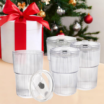 RÉΑLWÁY Iced Coffee Cups with Lids and Straws Set of 4, 16 OZ Unbreakable Plastic Drinking Glasses Reusable Iced Coffee Glass to Go Cup for Iced Tea,Juice, Water,BPA Free, Dishwasher Safe