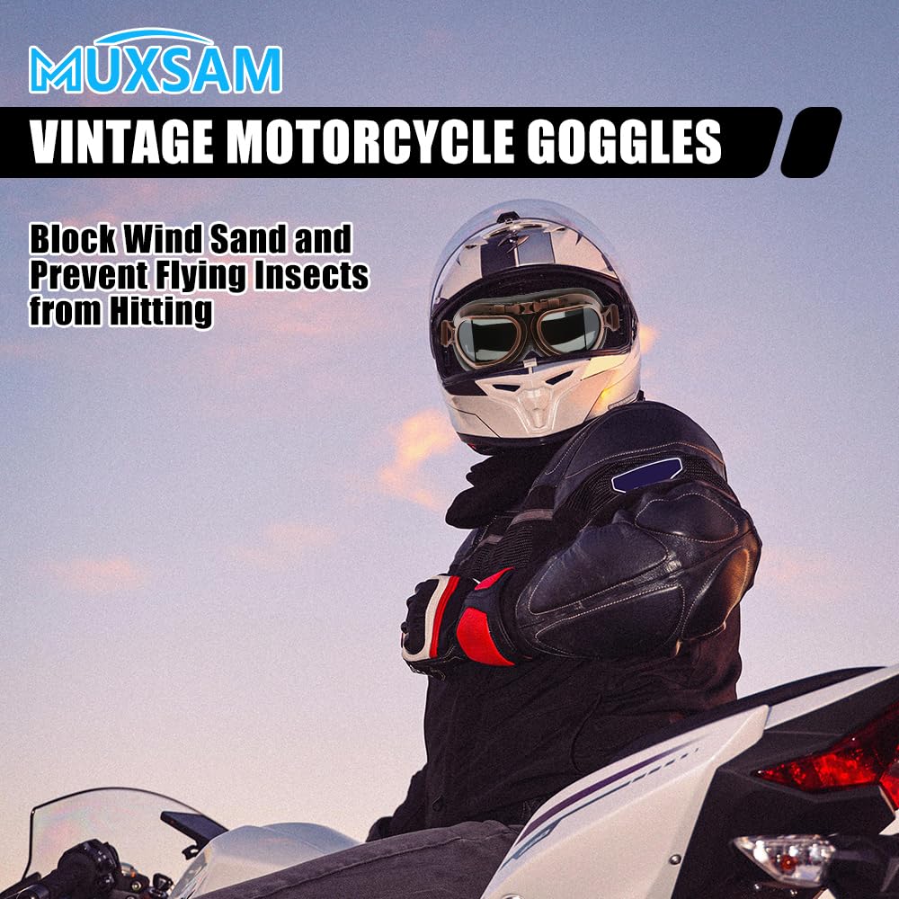 MUXSAM Vintage Motorcycle Goggles, ATV Motocross Goggles, Dirt Bike Racing Riding Off Road Scooter Glasses, Windproof Dustproof Eyewear for Adults Men Women, Copper Frame Smoke Lens