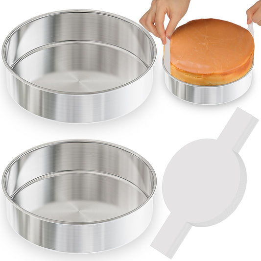 AWTBDP 8 Inch Round Cake Pans Set of 2, Nonstick Stainless Steel Baking Pans Set with 100 Parchment Papers, Durable Birthday Wedding Circle Layer Cake Pans, Cake Pans Sets for Baking, Dishwasher Safe