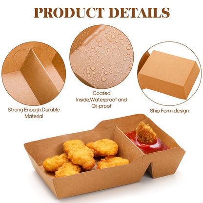 SOUJOY 100 Pack Disposable Kraft Nacho Boat Tray, 2 Compartment Disposable Food Serving Tray, Grease Resistant Heavy Duty Paperboard, Take Out Fast Food Snack Holder Container for Party