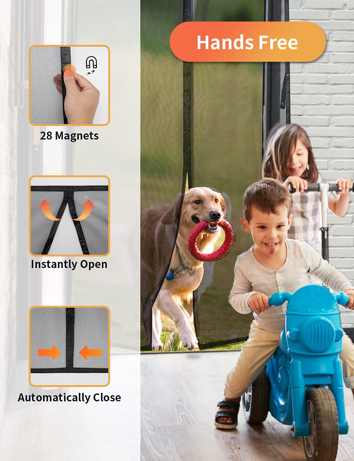 FEGO Magnetic Screen Door Fits Door Size 32"x80", Door Screen Itself Size 34"x81" Enjoy Breeze, Reinforced Fiberglass Mesh Anti-Tearing, Hands Free Entry, Pets & Kids Friendly for Patio/Front/Doorway