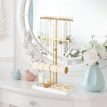 Tirzah 3-Tier Adjustable Jewelry Holder Organizer Stand with 20 Necklace Hooks, 18 Earring Holes and Notches, Bracelet Holder, 6 Ring Rolls, and Jewelry Tray for Girls, Women