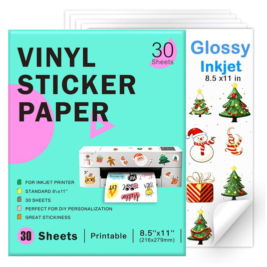 Printable Vinyl Sticker Paper for Inkjet Printer-30 Sheets Glossy White 8.5" x 11" Waterproof Labels Paper, Dries Quickly, Vivid Colors, Tear Resistant, DIY Christmas Stickers