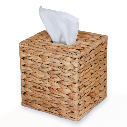 PINXIURY Water Hyacinth Handwoven Tissue Box Cover, Natural Handmade Wicker Napkin Box Holder, Handcrafted Square Facial Tissue, Rustic Decorative on Table and Bathroom, Office, Boho Decorative
