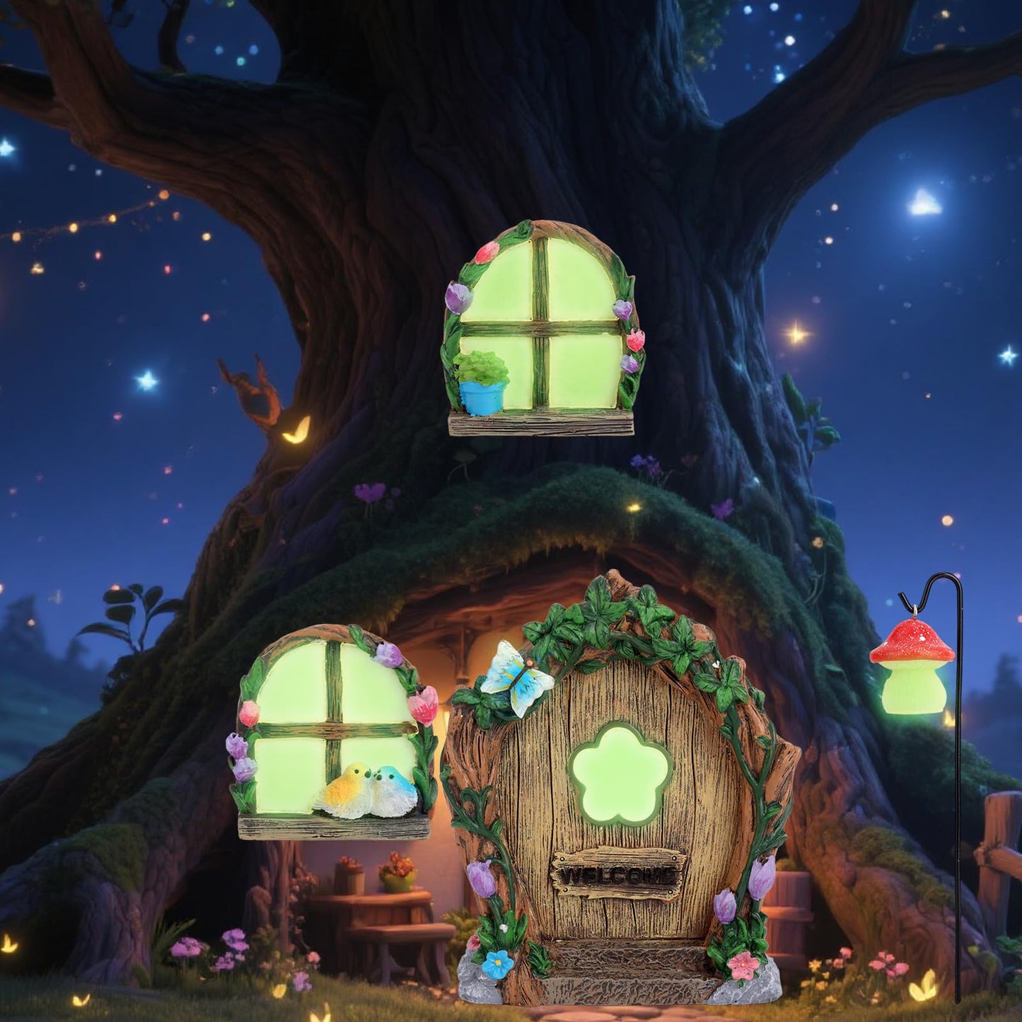 4pcs Fairy Door Windows & Lantern Set for Tree, Glow-in-The-Dark Miniature Fairy Garden Accessories for Outdoor Lawns Yard Landscape Gnome House Garden Decor