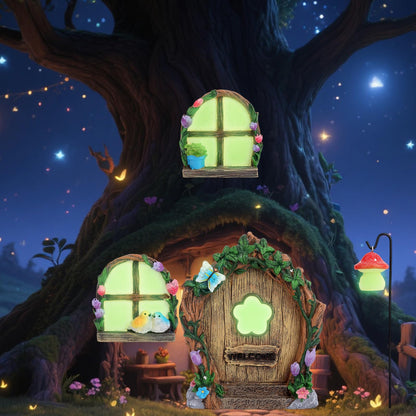 4pcs Fairy Door Windows & Lantern Set for Tree, Glow-in-The-Dark Miniature Fairy Garden Accessories for Outdoor Lawns Yard Landscape Gnome House Garden Decor