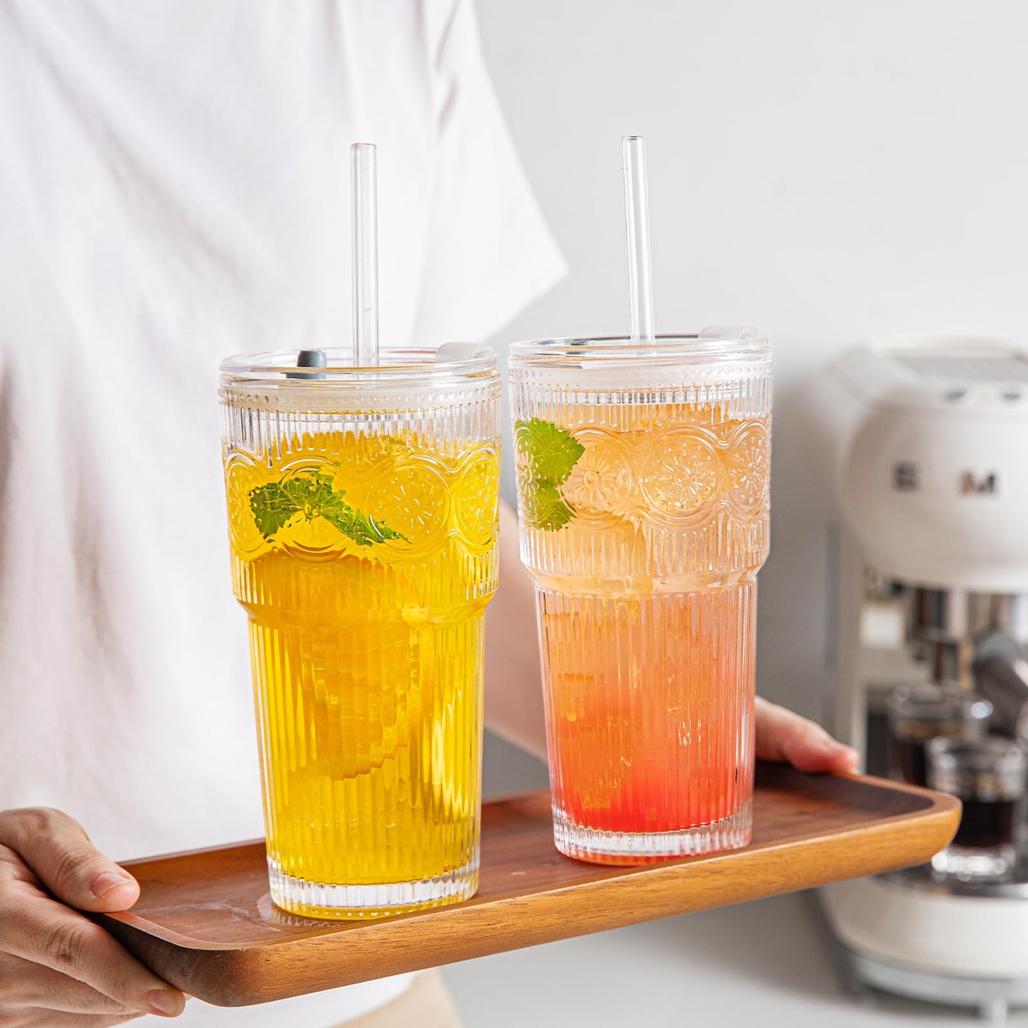 INSETLAN 20oz Ribbed & Floral Glass Tumblers with Lids and Glass Straws, Set of 2 – Iced Coffee Cups, Reusable Drinking Glasses for Water, Smoothies, Tea, and Juice – Perfect for Travel & Daily Use
