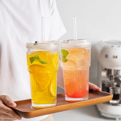 INSETLAN 20oz Ribbed & Floral Glass Tumblers with Lids and Glass Straws, Set of 2 – Iced Coffee Cups, Reusable Drinking Glasses for Water, Smoothies, Tea, and Juice – Perfect for Travel & Daily Use