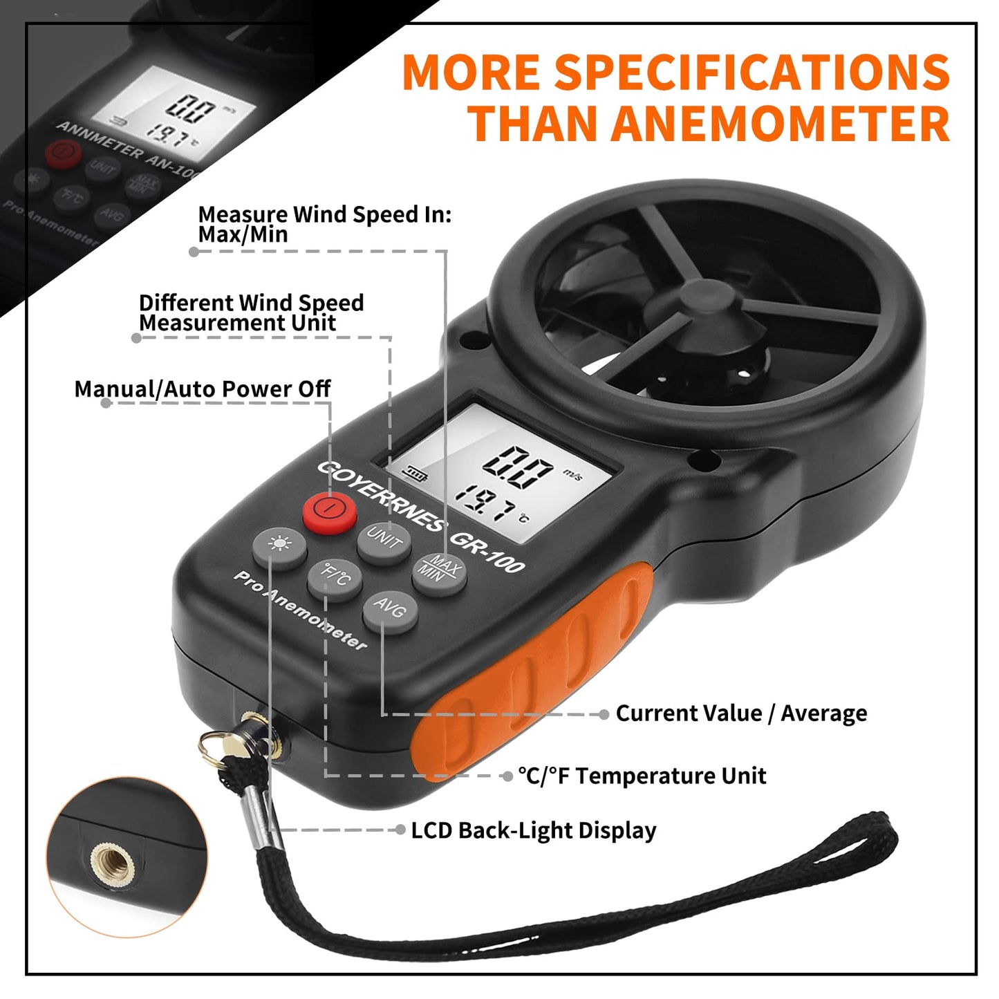 GOYERRNES Handheld Anemometer, Digital Wind Speed CFM Meter Gauge, Air Flow Velocity Tester for HVAC Shooting Drone, Wind Chill, Wind Temperature GR-100