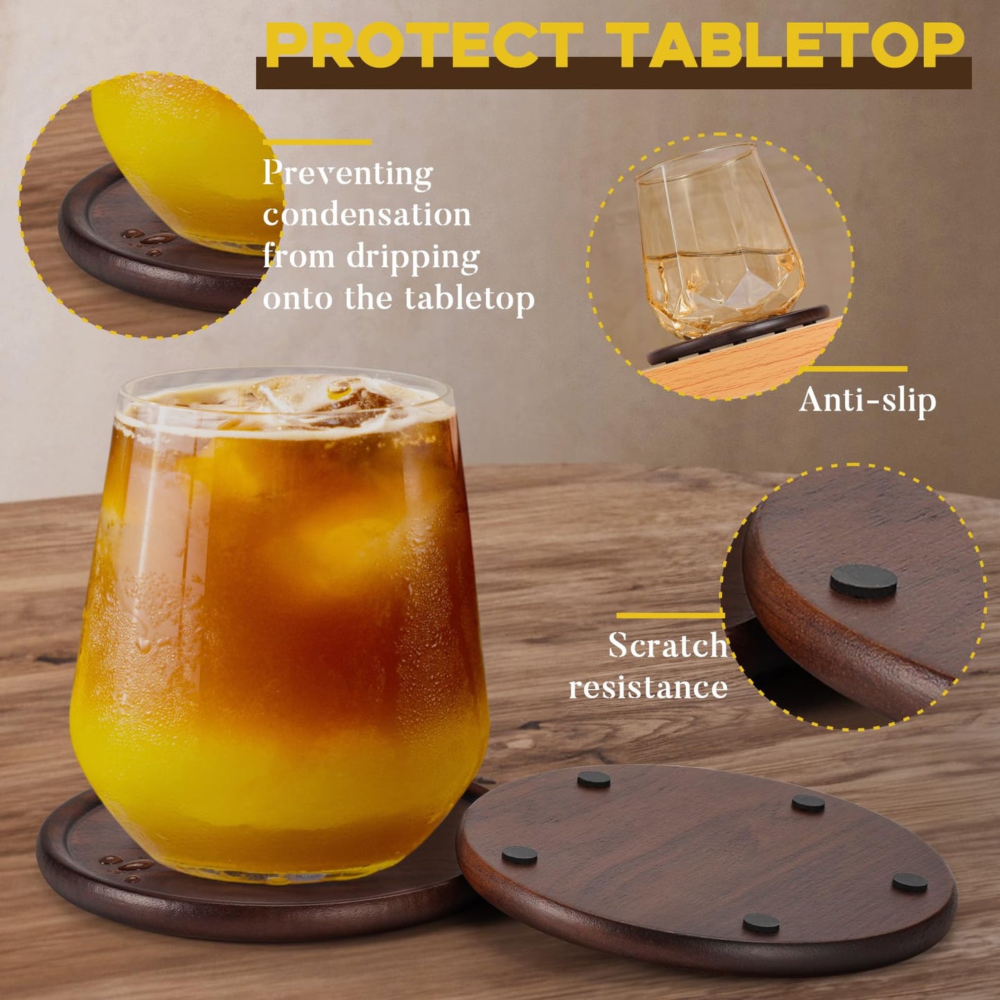 Wood Coasters with Metal Holder, GOH DODD Set of 8 Wooden Coaster Tabletop Protection Living Room Decor for Drinks Coffee Table Home Kitchen Office Bar Housewarming Gifts Wedding Party, 4 Inch
