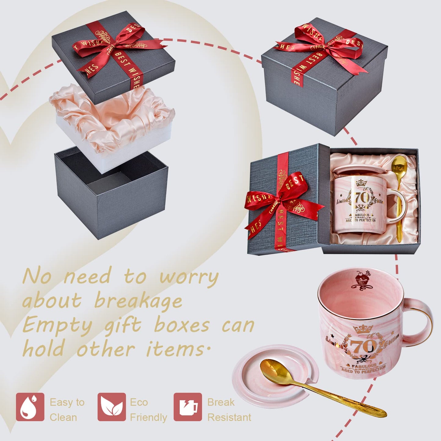 70th Birthday Gifts for Women - 14oz Pink Aged To Perfection Seventy Birthday Mug Printed with Gold - Happy Birthday Keepsake Presents for 70 Years Old Grandma Mom Sister, with Gift Box Lid Card Spoon