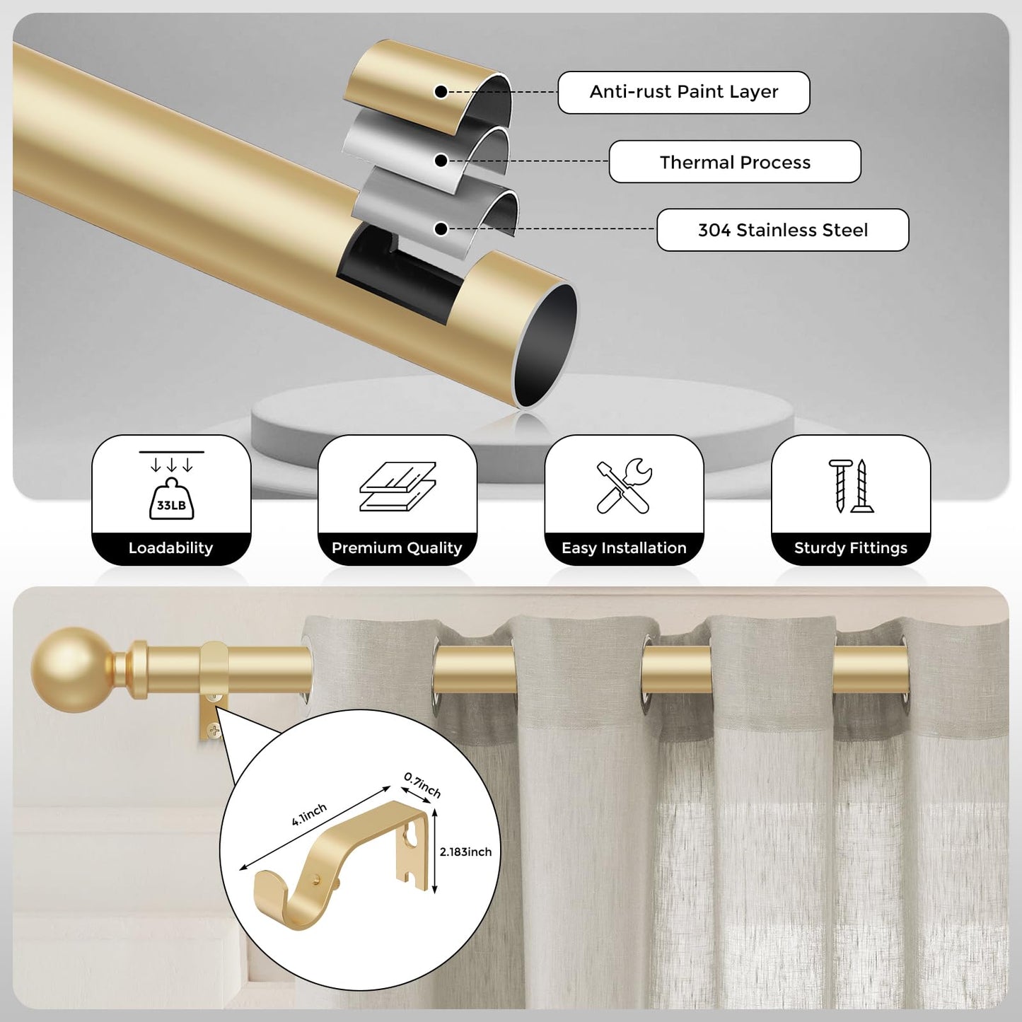 Gold Curtain Rods for Windows 48 to 84 Inch, Adjustable Heavy Duty 1" Diameter Decorative Curtain Rod with Matte Gold Round Finials, Modern Easy Install Extendable Metal Drapery Pole Set