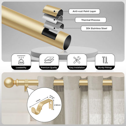 Gold Curtain Rods for Windows 48 to 84 Inch, Adjustable Heavy Duty 1" Diameter Decorative Curtain Rod with Matte Gold Round Finials, Modern Easy Install Extendable Metal Drapery Pole Set