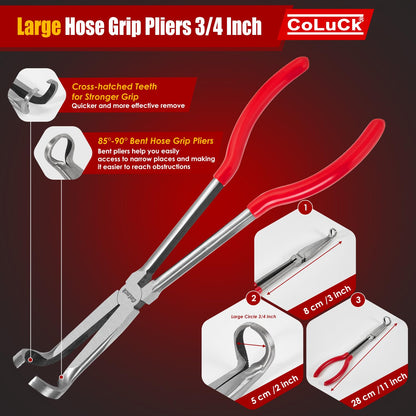 CoLuck 3Pcs 11" Hose Gripper Plier Set, 5/16-Inch, 1/2-Inch, 3/4-Inch Dia, Offset Spark Plug Boot Removal Pliers Serrated Jaws for Hard to Reach Narrow Spaces