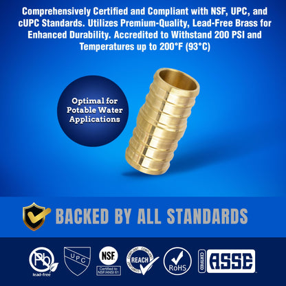 New Age America® 25pcs 1/2" Coupling PEX Fittings AquaFlow 360™ | 25 PC PEX Coupling | Brass | Barb PEX Fittings for PEX Pipe | Lead-Free Brass Fittings | NSF, UPC, CUPC, ASTM F1807 Certified PEX