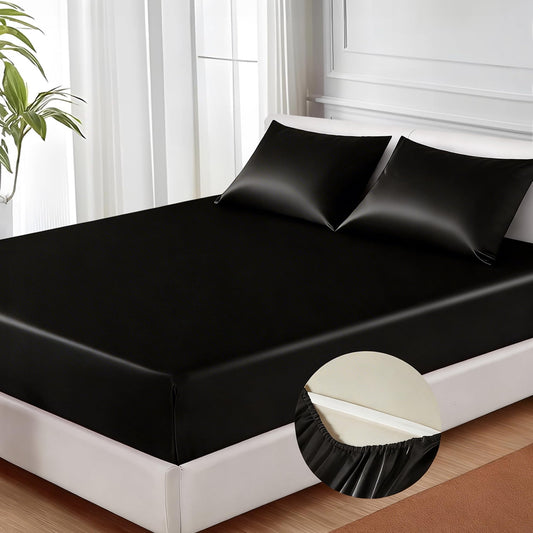 MR&HM Satin Fitted Sheet, Queen Size Black Fitted Sheet Only, Silky Soft Cooling Bed Sheets 15 Inches Deep Pocket for Mattress (Queen, Black)