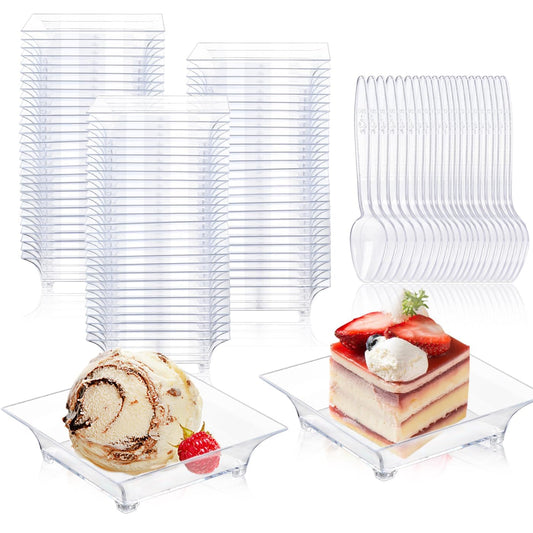 150 Pack Mini Dessert Plates with Tasting Spoons for 150 Guests, 2.4'' Small Clear Dessert Plates for Appetizer, Reusable Mini Square Plastic Appetizer Plates Set for Dessert, Sauce
