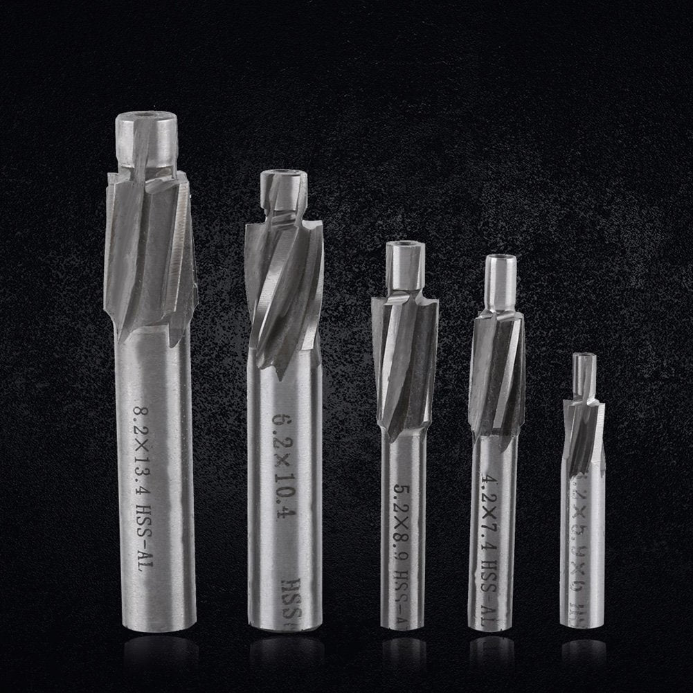 Hilitand 5pcs Counterbore Drill Bits Set, 4 Flutes Straight End Mill Cutter HSS Countersink Slot End Mill Cutter M3-M8 for Copper Aluminum Cast Iron, Milling Cutter