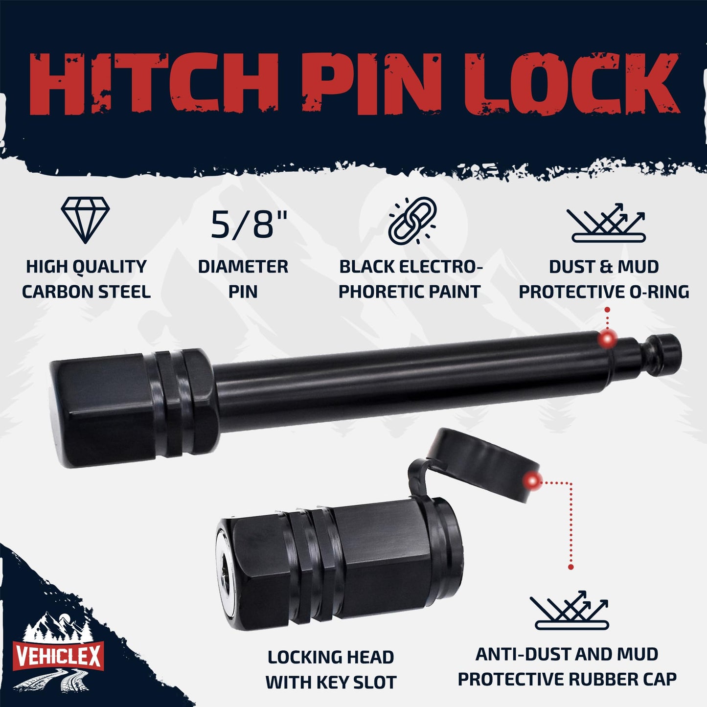 Vehiclex Hitch Receiver Pin Lock - 5/8" Pin for Class III, IV Hitch 2" - Unique Tubular Key - Dust and Mud Resistant Trailer Hitch Lock for Theft Protection