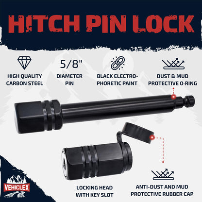 Vehiclex Hitch Receiver Pin Lock - 5/8" Pin for Class III, IV Hitch 2" - Unique Tubular Key - Dust and Mud Resistant Trailer Hitch Lock for Theft Protection