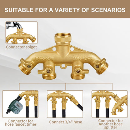 4 Way Garden Hose Splitter, Heavy Duty Hose Connector 3/4", Solid Brass Hose Spigot Adapter 4 Valves with 8 Extra Rubber Gaskets and 1 Seal Tape
