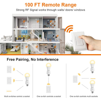 Suraielec Remote Control Light Socket, Wall Mount Switch, E26 E27 Lamp Socket, No Wiring, 100FT Range, Wireless Light Switch for Lamps, Pull Chain Light Fixture (1 Remote+2 Sockets, Shorter Version)